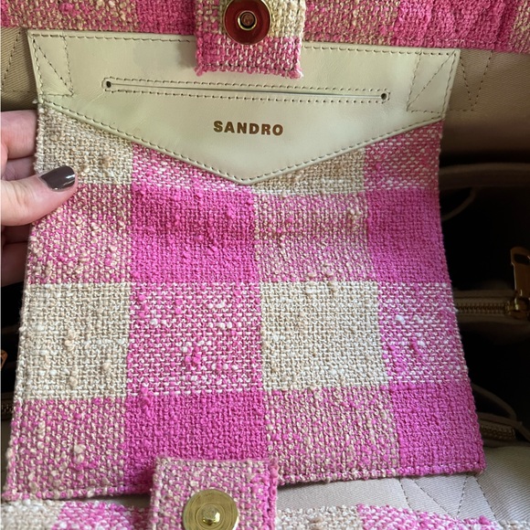 Sandro Paris Large Pink Cream Kasbah Tan Gold Check Gingham Tote Bag EUC $450 - Picture 7 of 11